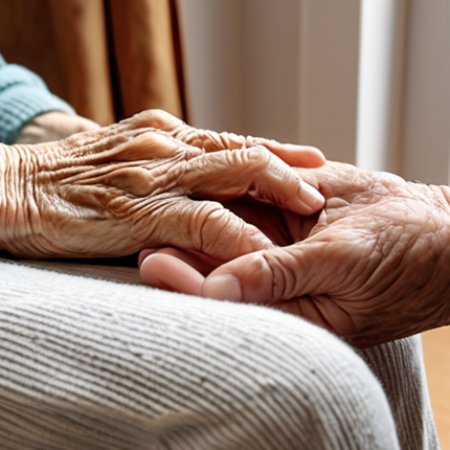 Home 4 ** A compassionate caregiver gently holding the hand of an elderly person with dementia. The setting is a bright, comfortable living room. Focus on conveying empathy and connection.
**