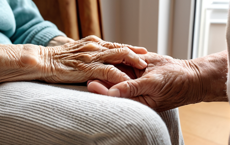 ** A compassionate caregiver gently holding the hand of an elderly person with dementia. The setting is a bright, comfortable living room. Focus on conveying empathy and connection.
**